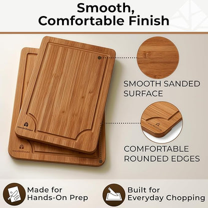 Set of 3 Bamboo Cutting Boards for Kitchen - Thick & Durable Wood Cutting Boards Set with Deep Juice Grooves & Build-in Handles, Large Surface, Easy to Clean – for Meat, Vegetables and Fruits