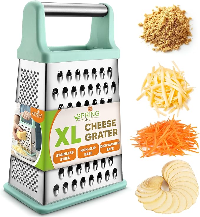Spring Chef Professional Cheese Grater - Stainless Steel Box Grater for Kitchen, XL Size - Perfect 4 Sided Shredder for Parmesan Cheese, Vegetables, Ginger - Dishwasher Safe - Mint by SpringChef