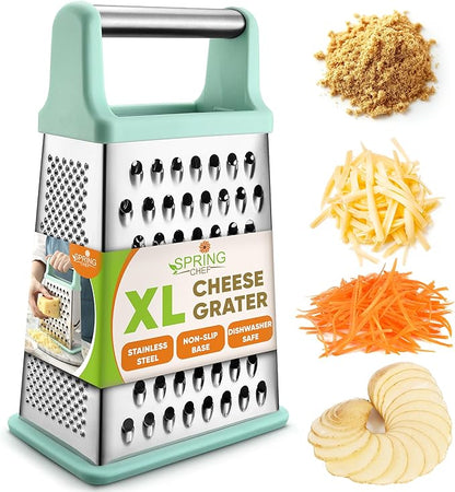 Spring Chef Professional Cheese Grater - Stainless Steel Box Grater for Kitchen, XL Size - Perfect 4 Sided Shredder for Parmesan Cheese, Vegetables, Ginger - Dishwasher Safe - Mint by SpringChef