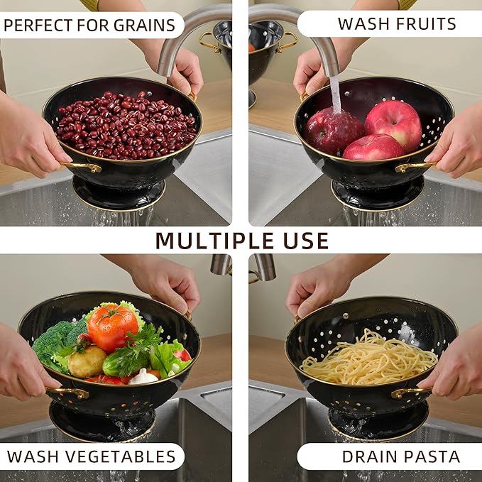 Metal Colander 2 Pack, 3.5 Quart Powder Coated Self-draining Solid Ring Base Metal Large Kitchen Pasta Vegetable Fruit Strainer with Handle (L-BLACK) - Image 6