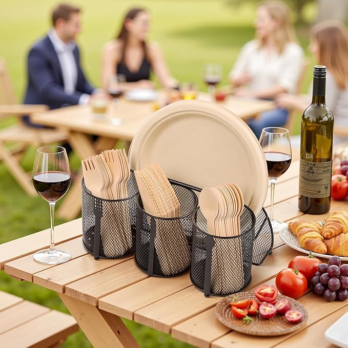 Metal Utensil Caddy Silverware Holder, Paper Plate Holder Cutlery Container,Plate Organizer Flatware Storage Basket Party Camping Picnic Buffet RV BBQ Farmhouse Kitchen Countertop - Image 2