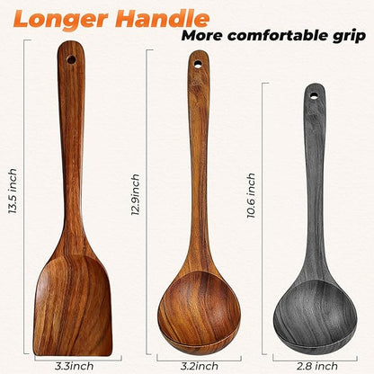 2Pcs Wooden Ladle and Spatula, Natural Acacia Long Handle, Large Capacity, Wooden Soup Spoon and Flat Frying Turner for Cooking, Fry, Stirring, Serving, Non-stick Kitchen Utensils Cookware