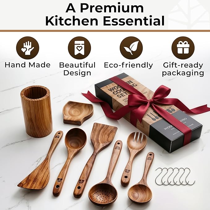 Wooden Utensil Set 8 Pcs – Sturdy & Easy to Clean, Natural Teak Wooden Spoons for Cooking – Non-Scratch Cooking Utensils with Spatula, Turner, Ladle, Spoons, Skimmer, Holder, Spoon Rest & 6 Hooks - Image 7