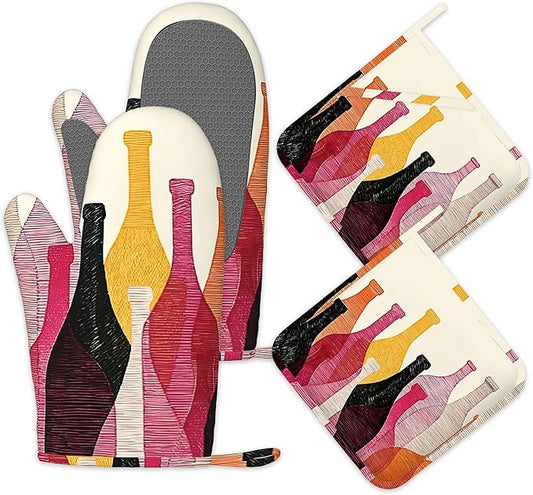 Red Wine Bottle Oven Mitts and Pot Holders Sets,Silicone Kitchen Mitts Potholders Heat Resistant 4Pcs Oven Gloves Hot Pads for Kitchen Baking Cooking