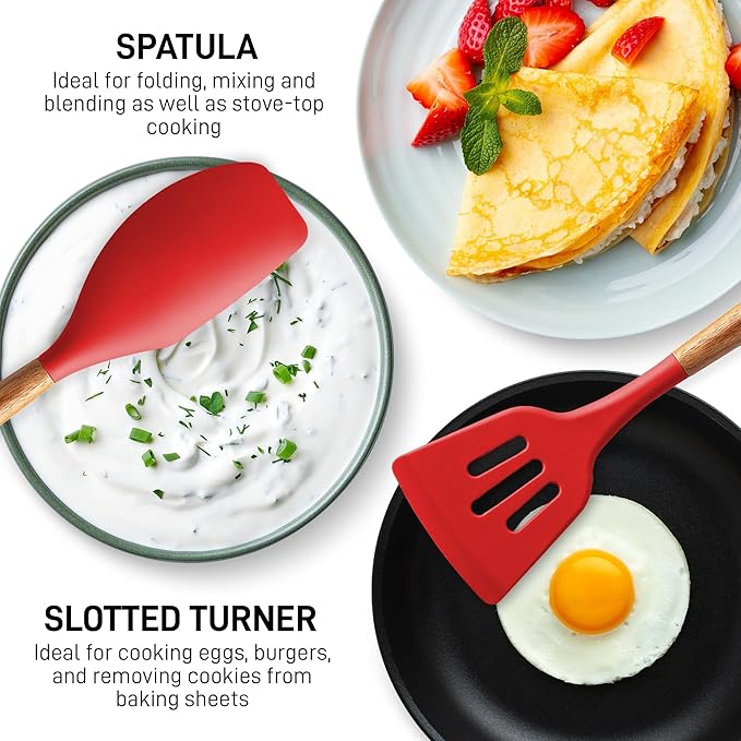 Zulay Kitchen Utensils Set Non-Stick Silicone Cooking Utensils Set with Authentic Acacia Wood Handles - 5 Piece Silicone Utensil Set - Kitchen Utensils Set with 464°F Heat Resistance - Red - Image 5