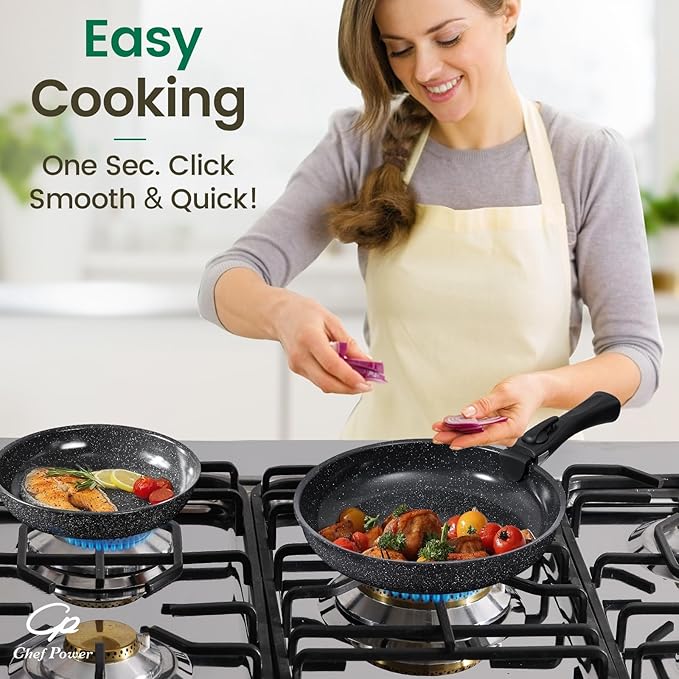 Chef Power Ceramic Nonstick Cookware Set 19 Piece with Detachable Handle, Induction Dishwasher Oven Safe Pans and Pots Set, RV Kitchen Set Removable Handle, Rock Stone Black - Image 7