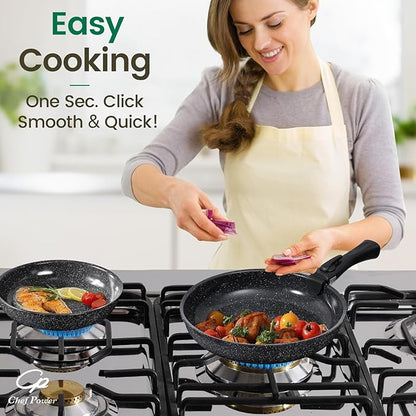 Chef Power Ceramic Nonstick Cookware Set 19 Piece with Detachable Handle, Induction Dishwasher Oven Safe Pans and Pots Set, RV Kitchen Set Removable Handle, Rock Stone Black - Image 7