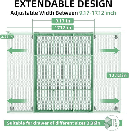 Marbrasse Expandable Desk Drawer Organizer, Mesh Drawer Organizer Tray with 10 Adjustable Compartments, Desk Organizers and Accessories for Office Supplies, Makeup & Vanity (Expandable-Green) - Image 2