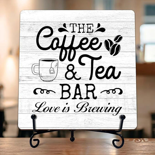 Coffee Bar Sign, Love is Brewing Farmhouse Tabletop Decor, Coffee and Tea Lover Gifts, 5x5 Wood Plaque with Iron Stand for Home Kitchen Cafe, Coffee Bar Decor – L09 by TIRYWT