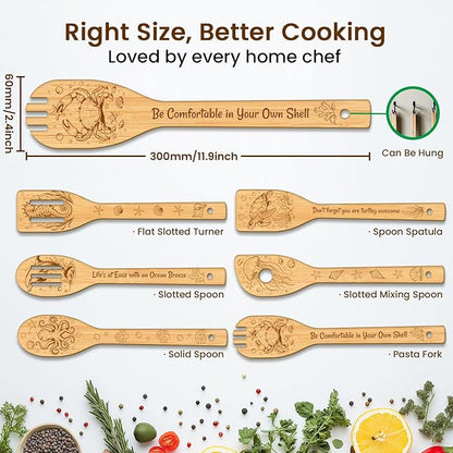 CUTHOLLOW 6PCS Marine Animals Wooden Kitchen Cooking Utensil Set, 11.9in Non Toxic Bamboo Wood Spoon Set for Cooking, Best Housewarming Birthday Thanksgiving Christmas Gift for Women Mother