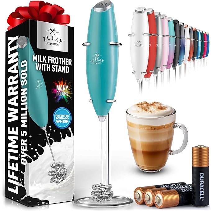 Zulay Kitchen Patented Tornado Triple Whisk Milk Frother with 4 Duracell Batteries – Handheld Foam Maker for Coffee, Lattes, Matcha & Hot Chocolate – Rich, Creamy Froth in Seconds - Turquoise by ZulayKitchen
