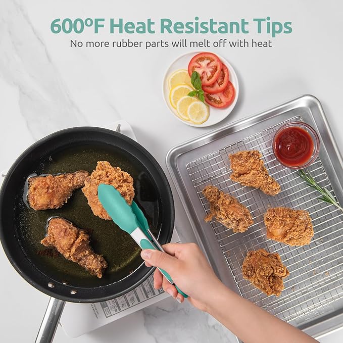 600ºF Heat Resistant Kitchen Tong: U-Taste 7in Silicone Cooking Tong with Firm Sealed Non Stick Rubber Tips & Silicon Coated 18/8 Stainless Steel Handle & Smooth Locking for Serving Salad (Aqua Sky) - Image 3