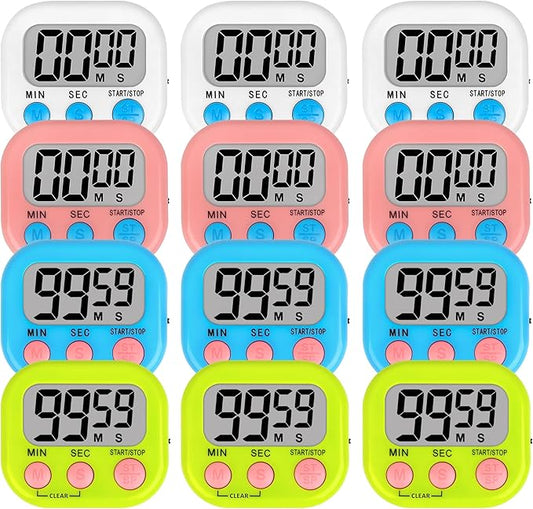 Lasubst Digital Classroom Timers for Teachers Kids School Supplies Bulk with Magnetic Back 12 Pack, White Pink Blue Green