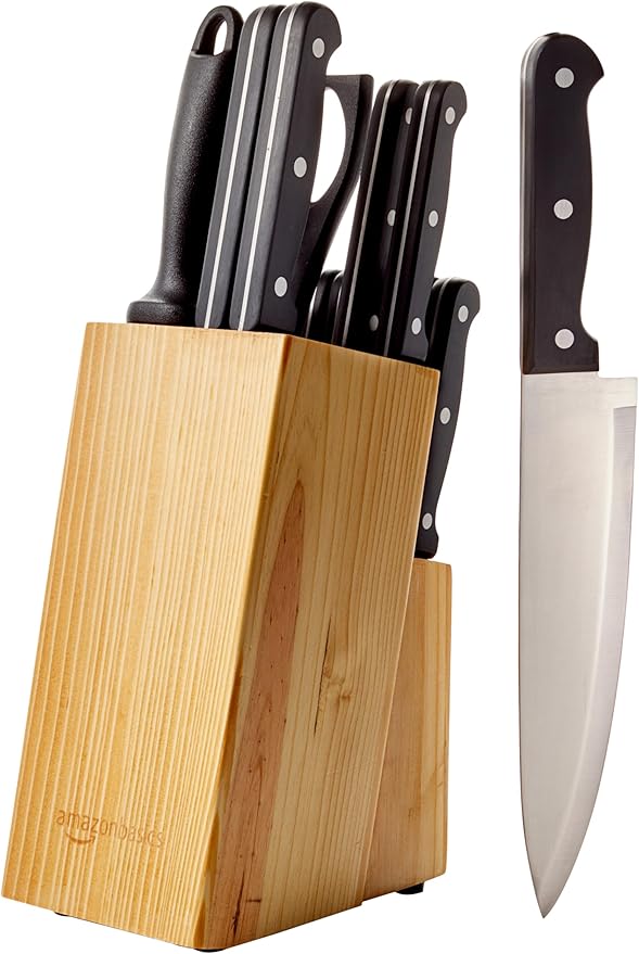 Amazon Basics 14-Piece High Carbon Stainless Steel Kitchen Knife Set with Full Tang Construction, Ergonomic Handles, Sharpener and Pinewood Block, Black by AmazonBasics