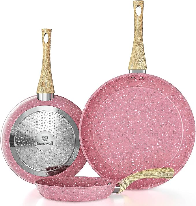Frying Pan Nonstick Set, 8" & 9.5" & 11" Pink Egg Pan, Non Stick Fry Pan Set PFOA-Free Omelet Pan, Toxin-Free Skillets Stone Cookware, Anti-Warp Base with All Stove Tops Available,Induction Compatible by Innerwell