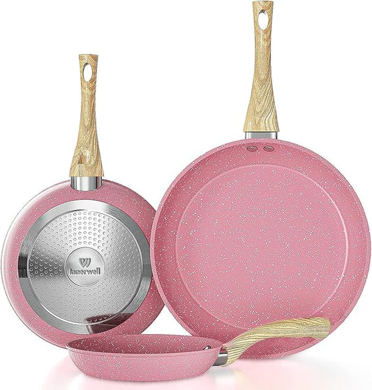 Frying Pan Nonstick Set, 8" & 9.5" & 11" Pink Egg Pan, Non Stick Fry Pan Set PFOA-Free Omelet Pan, Toxin-Free Skillets Stone Cookware, Anti-Warp Base with All Stove Tops Available,Induction Compatible by Innerwell