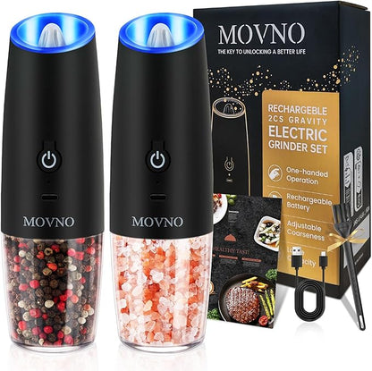 Gravity Electric Salt and Pepper Grinder Set, Battery Powered LED Light One Hand Automatic Operation, Adjustable Coarseness Mill Grinders Shakers Black (E. USB rechargeable -2P)