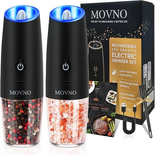 Gravity Electric Salt and Pepper Grinder Set, Battery Powered LED Light One Hand Automatic Operation, Adjustable Coarseness Mill Grinders Shakers Black (E. USB rechargeable -2P)