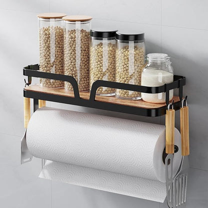 Taozun Paper Towel Holder Wall Mount, Kitchen Paper Holder Spice Rack Black Paper Towel Roll Holder RV Paper Towel Rack with 4 Hooks(2 Installation Methods - Self-Adhesive and Drilling)