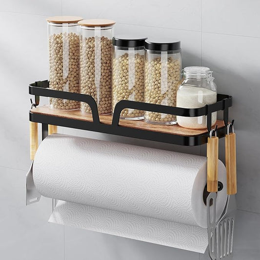 Taozun Paper Towel Holder Wall Mount, Kitchen Paper Holder Spice Rack Black Paper Towel Roll Holder RV Paper Towel Rack with 4 Hooks(2 Installation Methods - Self-Adhesive and Drilling)