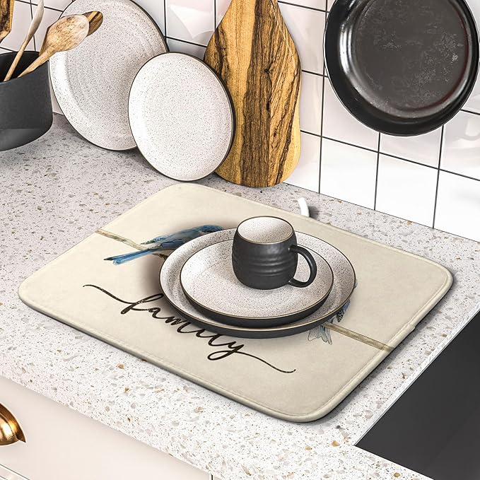 Home Blue Bird Family Dish Drying Mat for Kitchen Counter,Spring Summer Drying Mat 16 x 18 Inch with Absorbent Reversible Microfiber Drying Pad for Coffee Bar - Image 5