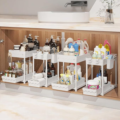 Sevenblue Under Sink Organizer, Bathroom Organizers and Storage, 2 Tier Multi-Use Pull Out Cabinet Organizer with Hang Hooks and Cups (White, 4 Pack) by Sevenblue