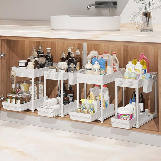 Sevenblue Under Sink Organizer, Bathroom Organizers and Storage, 2 Tier Multi-Use Pull Out Cabinet Organizer with Hang Hooks and Cups (White, 4 Pack) by Sevenblue