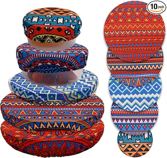 10Pcs Reusable Bowl Covers in 5 Sizes - Elastic Fabric Food Storage Lids for Bread Proofing, Dough, Sourdough & Leftovers - Eco-Friendly Stretch Covers for Kitchen, Baking, Picnic,Red& Blue