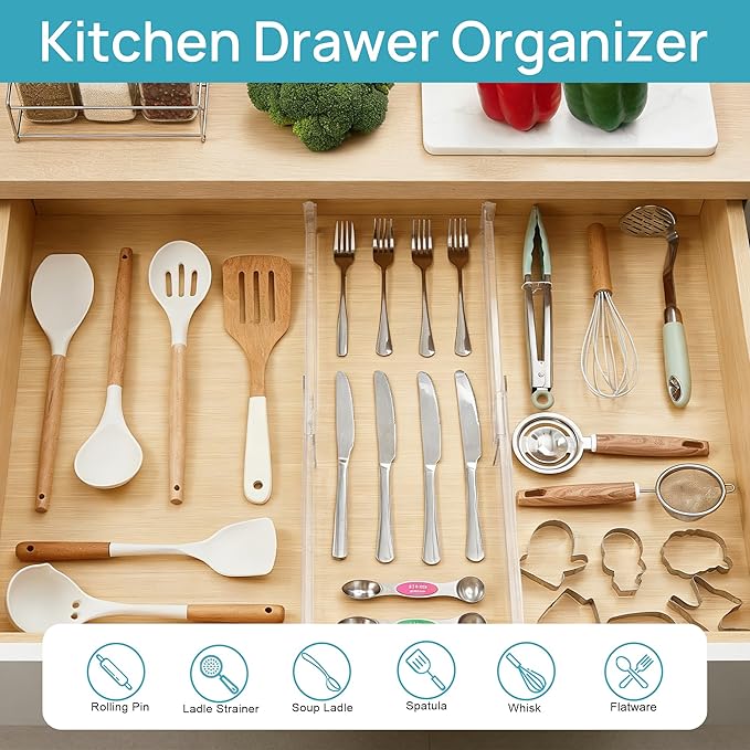 Vtopmart 8 Pack Shallow Drawer Dividers, 2.36" High 12.5"-20.8" Adjustable Expandable Kitchen Drawer Organizer, Clear Plastic Organizer Separators for Flatware, Utensil, Cutlery, Underwear, Clothes - Image 4