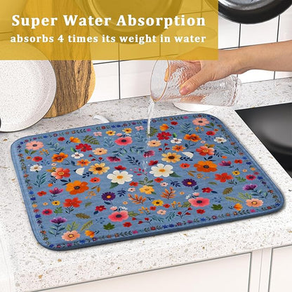Lovely Flowers Dish Drying Mat - Blue Floral Kitchen Counter Microfiber Drying Pad 16 X 18 for Home Decor - Image 7