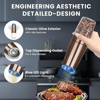 UNNEES Gravity Electric Salt and Pepper Grinder set of 2, Automatic Salt And Pepper Grinder Set, Adjustable Roughness, Battery Powered, LED Light, 2 Pack, (Copper) - Image 4