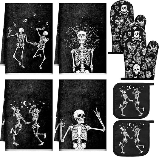 Leinuosen 6 Pcs Skull Kitchen Decor Set, Skull Kitchen Towels Gothic Oven Mitts and Pot Holders Skeleton Hand Dish Towels Horror Oven Mitts for Home Decor Party Gifts (Black,Cool) by Leinuosen