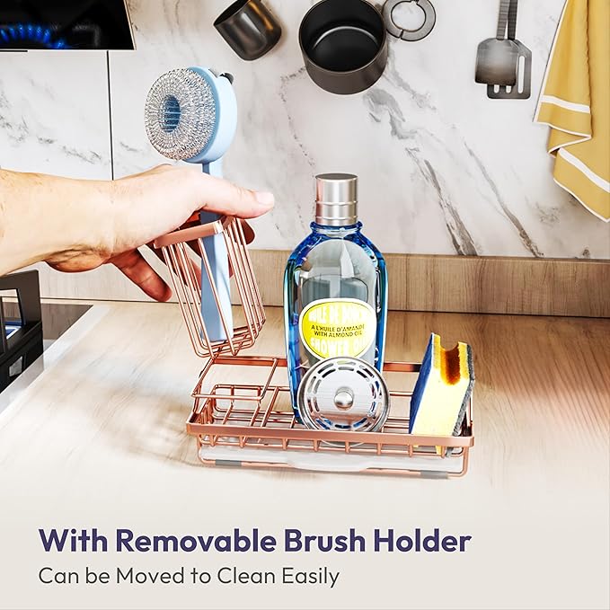 SWTYMIKI Sink Caddy Kitchen Sink Organizer with Detachable Brush Holder, Stainless Steel Sponge Holder with Removable Drip Tray Sponge Caddy for Kitchen Countertop, Rose Gold - Image 4