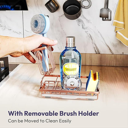 SWTYMIKI Sink Caddy Kitchen Sink Organizer with Detachable Brush Holder, Stainless Steel Sponge Holder with Removable Drip Tray Sponge Caddy for Kitchen Countertop, Rose Gold - Image 4