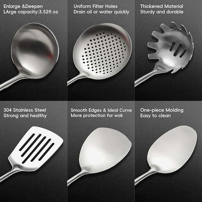 Izurok 18/10 Stainless Steel Kitchen Utensils Set,10 Piece Cooking Utensils With Wood Handle,Heat Resistant Kitchen Tool Set With Spatula,Spoon,Ladle,Skimmer,Slotted Turners,Pasta,Turner,Ladl,Fork - Image 3