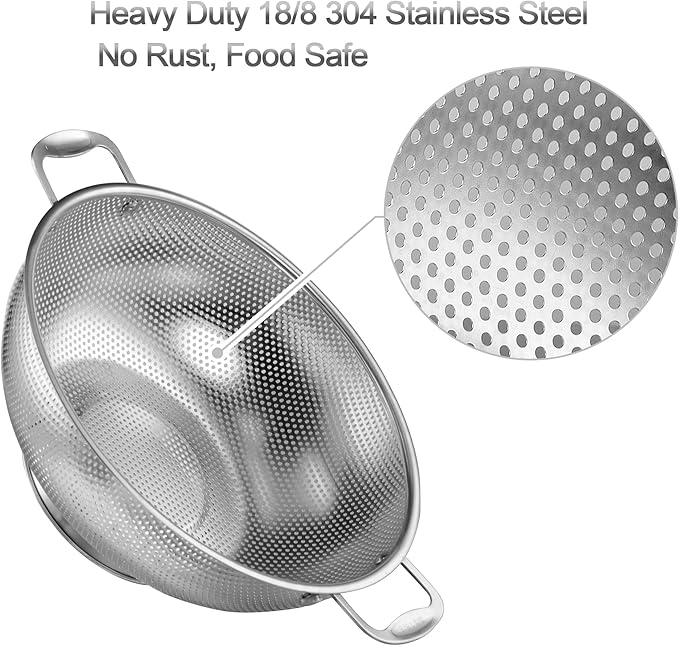 Tiawudi Large 6-Qt Colander, 18/8 Stainless Steel Mesh Strainer for Kitchen, Food Sieve with Riveted Handles and Self-draining Solid Ring Base, Great for Pasta, Rice, Vegetables and Fruits - Image 3
