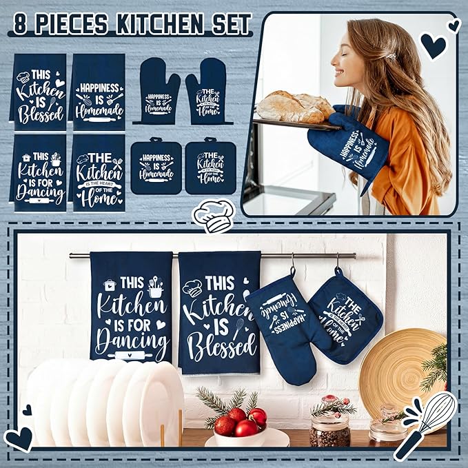 Leinuosen 8 Pcs Kitchen Towels and Oven Mitts Sets Pot Holders Dishcloths Set Kitchen Decorative Accessories Absorbent Potholders Heat Resistant for Chef Baking Cooking - Image 2