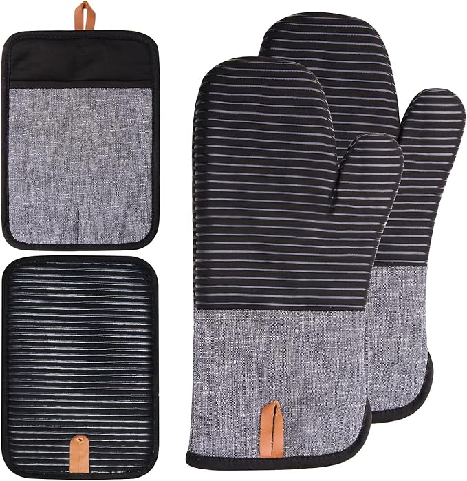 4PCS TIPTAP Oven Mitts, Kitchen Oven Mitts Set, Non Slip Cotton Oven Mitt and Pot Holders,Heat Resistant, Machine Washable,2 Long Mit and 2 Pot Holder(Black) by Unknown