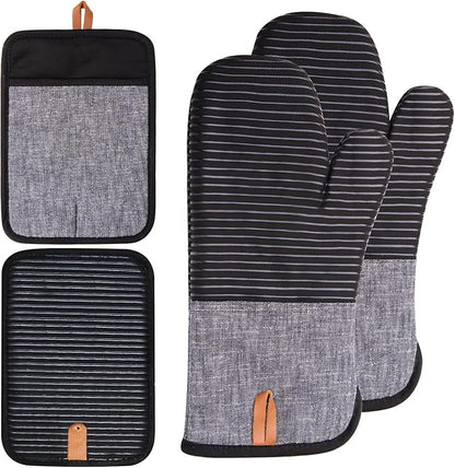 4PCS TIPTAP Oven Mitts, Kitchen Oven Mitts Set, Non Slip Cotton Oven Mitt and Pot Holders,Heat Resistant, Machine Washable,2 Long Mit and 2 Pot Holder(Black) by Unknown