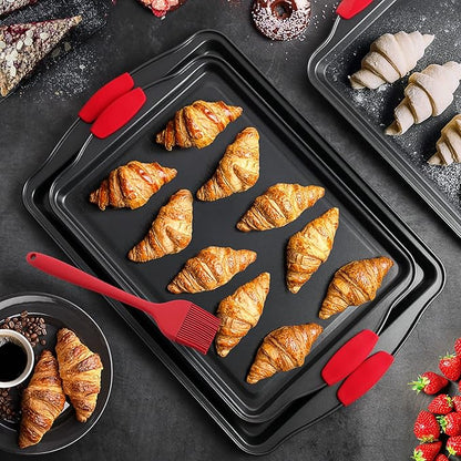 Baking Sheet Set, 3-Piece Cookie Sheet Set with Silicone Handles, Steel Baking Pans Set, Durable Baking Sheets for Oven, BPA Free Cookie Sheets for Baking Nonstick Set, Sheet Pan - Black Baking Pan - Image 8