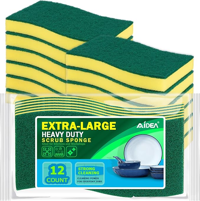 AIDEA Sponges Kitchen, XL Heavy Duty Dish Sponge, Cleaning Dish Scrubber Sponge for Home and Kitchen, Extra Large Cleaning Supplies for Pots, Pans, 12 Pack by AIDEAHOME
