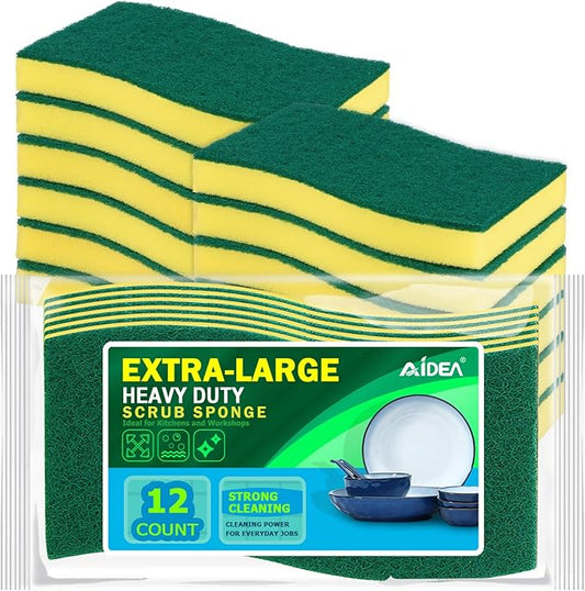 AIDEA Sponges Kitchen, XL Heavy Duty Dish Sponge, Cleaning Dish Scrubber Sponge for Home and Kitchen, Extra Large Cleaning Supplies for Pots, Pans, 12 Pack by AIDEAHOME