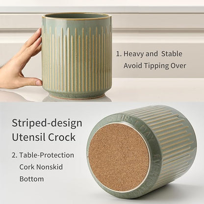 JIEMEI HOME Kitchen Utensil Holder, Ceramic Stable Utensil Crock for Countertop, 7.2" Large Utensil Organizer with Cork Mat, Removable Bamboo Divider for Kitchen Décor and Accessories, Green - Image 3