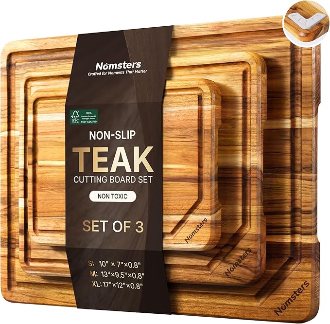 3 Pack Teak Wood Cutting Board Set for Kitchen High-End Non Toxic Non Slip Over Sink Solid Thick Wood Haus Chopping Board Extra Large Big Small Best Kitchen Essential House Warming Hostess Host Gift by Unknown