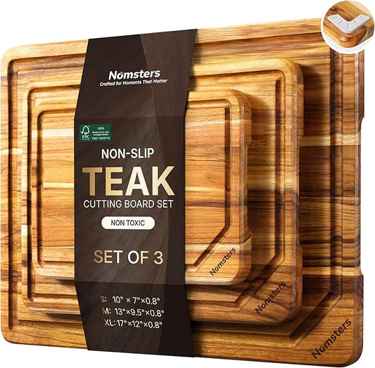 3 Pack Teak Wood Cutting Board Set for Kitchen High-End Non Toxic Non Slip Over Sink Solid Thick Wood Haus Chopping Board Extra Large Big Small Best Kitchen Essential House Warming Hostess Host Gift by Unknown
