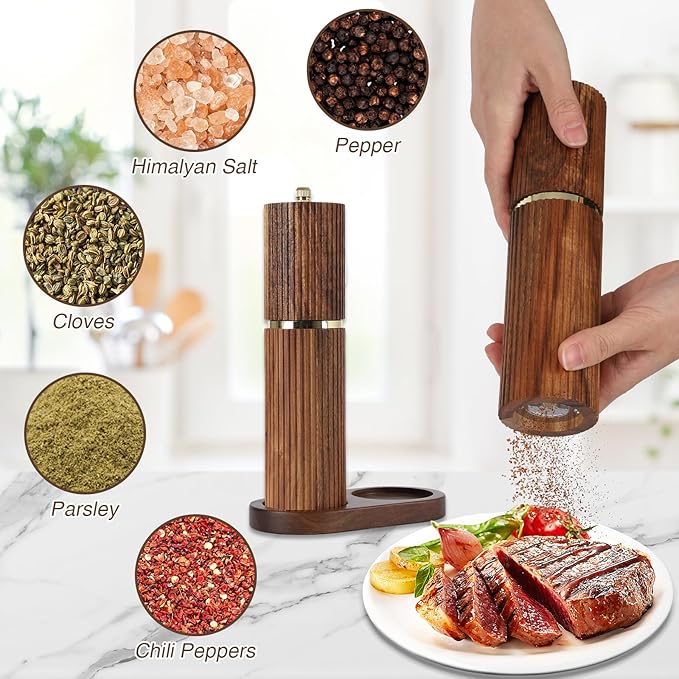 Wooden Salt and Pepper Grinder Set, Refillable Salt and Pepper grinder with adjustable Coarseness, Acacia Wood pepper mill manual, Salt and Pepper Shakers Matching Wooden tray-Ideal for Gifting - Image 3