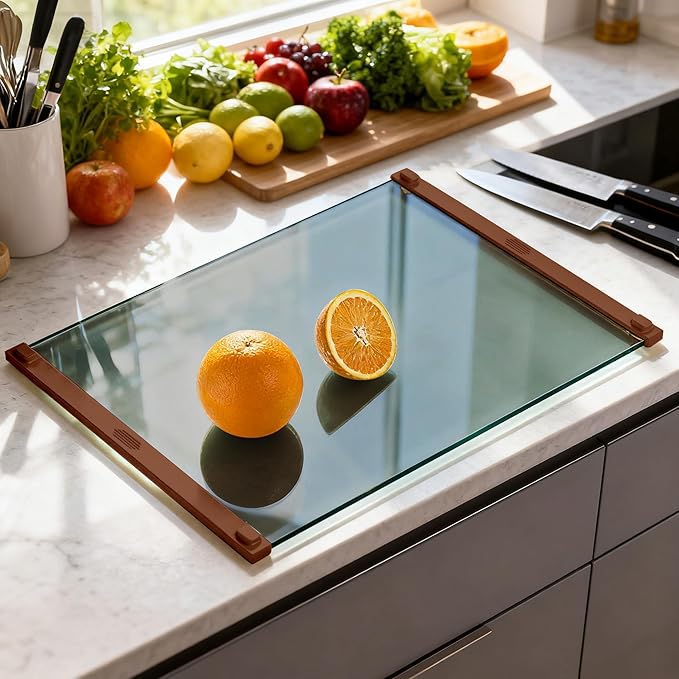 Glass Cutting Boards for Kitchen(12x16" & 12x8"),European Grey Glass Paired with Coffee-Colored Silicone Grip,No Scratches/Microplastic-Free/Non Toxic,Excellent Gift for Mother's Day and Father's Day