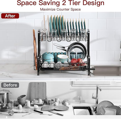2 Tier Black Dish Drainer Drying Rack for Kitchen Counter, Large Stainless Steel Dishes Dryer with Drainboard, Space Saving, Big Rustproof Metal Modern Countertop Plates Strainer with Utensil Holder - Image 2