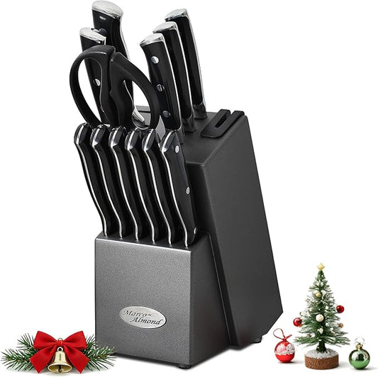 Marco Almond® Kitchen Knife Set with Block KYA31,14 Pieces Japanese Stainless Steel Cutlery Knives Block Set for Kitchen with Built-in Sharpener