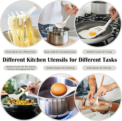 HaWare Kitchen Cooking Utensils Set, 23-Piece Silicone Kitchen Utensils Spatula Set with Holder, Heat Resistant Wooden Handle Kitchen Gadget for Nonstick Cookware, Food-grade Turner Spoon Sets (White) - Image 5